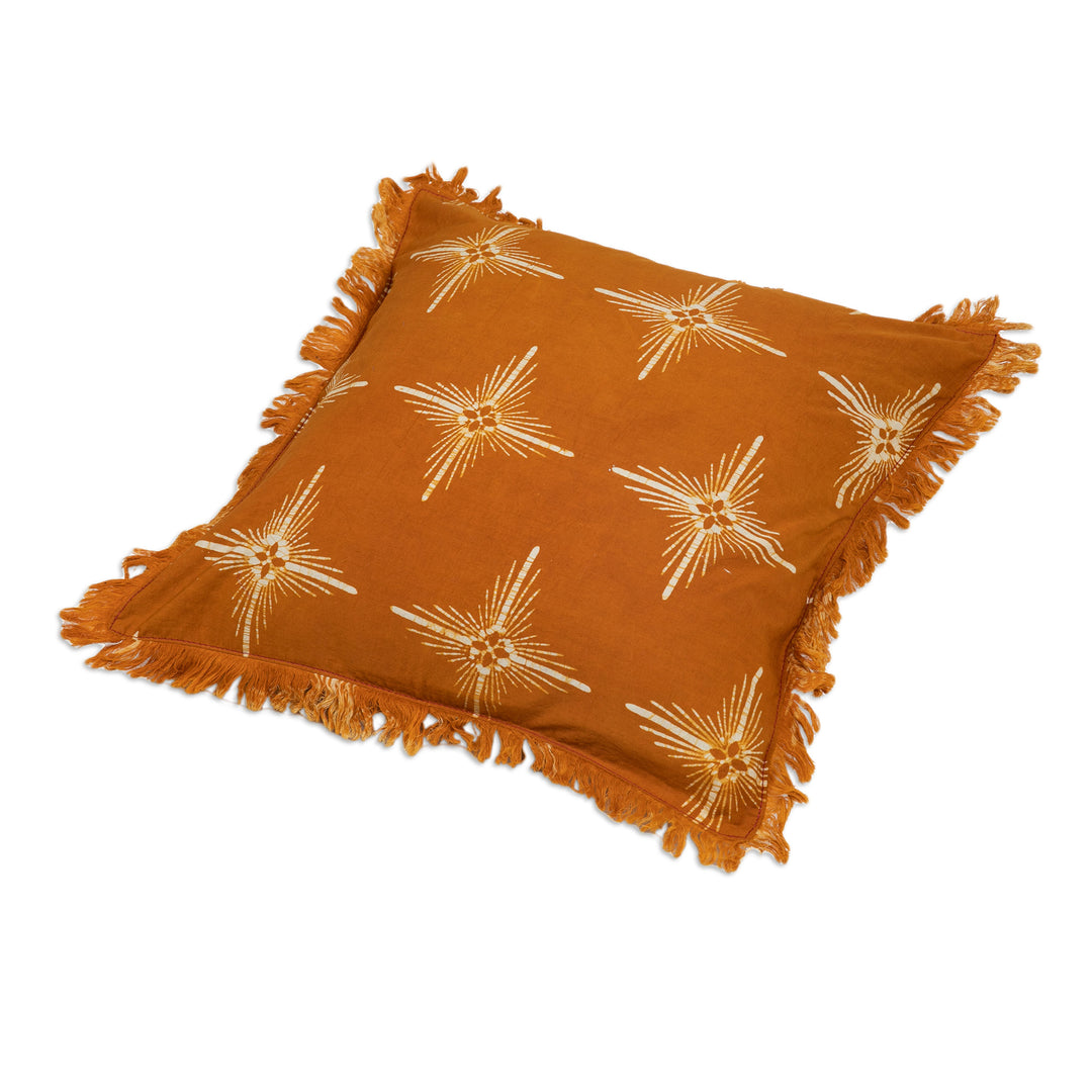 Star-Themed Saffron Cotton Batik Cushion Cover with Fringes - Brightest Saffron Star