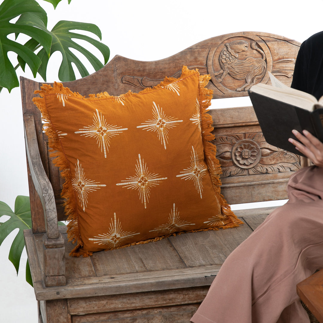 Star-Themed Saffron Cotton Batik Cushion Cover with Fringes - Brightest Saffron Star