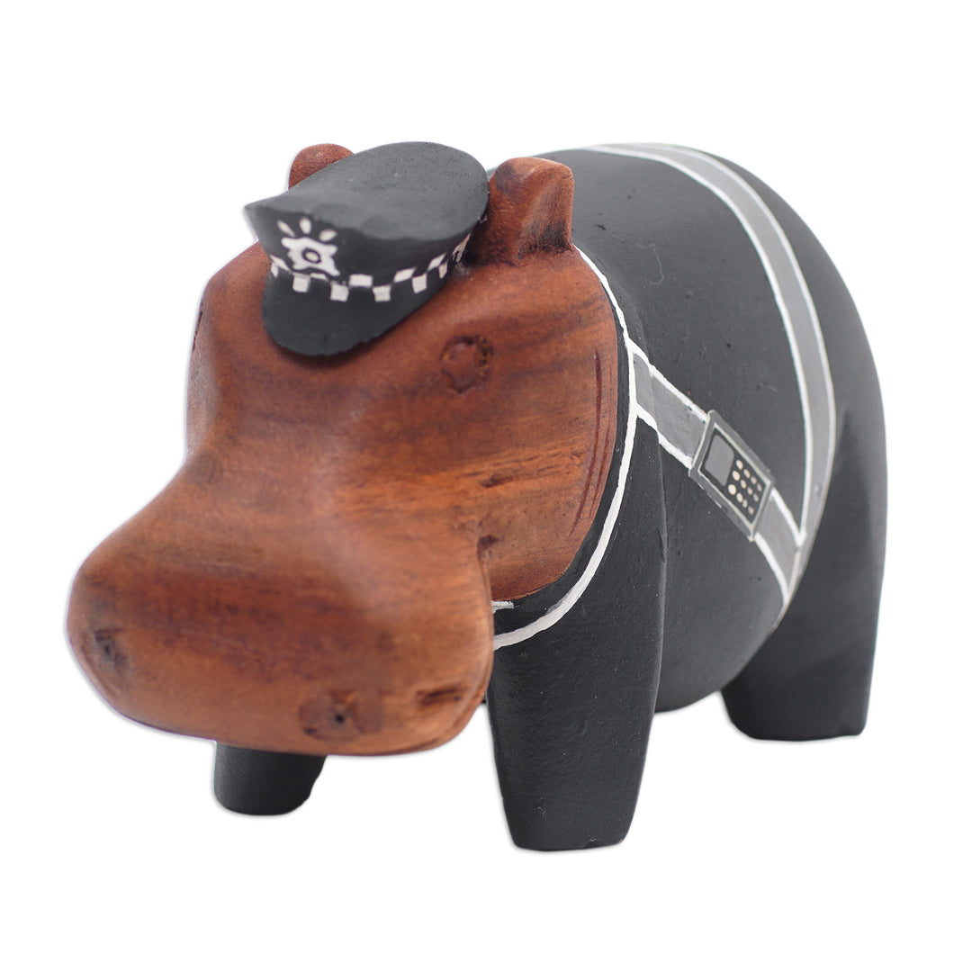 Hand-Painted Policeman Hippo Suar Wood Figurine - Hippo Police