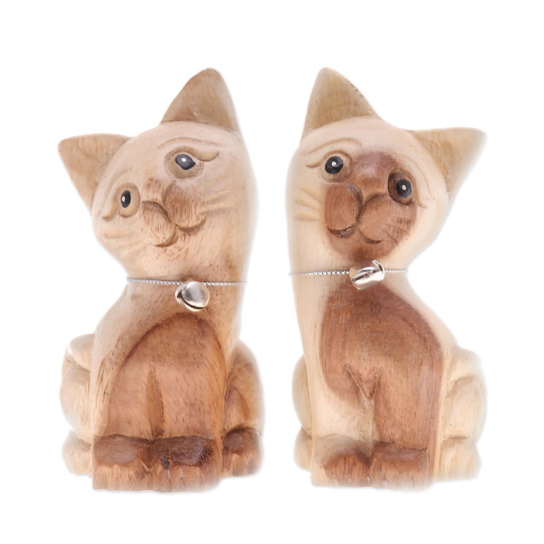 Set of 2 Cat Raintree Wood Figurines with Aluminum Bells - Chiming Meows