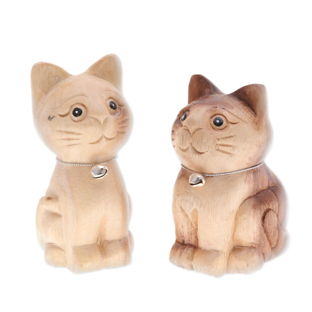 Set of 2 Feline Raintree Wood Figurines with Aluminum Bells - Harmonious Meows