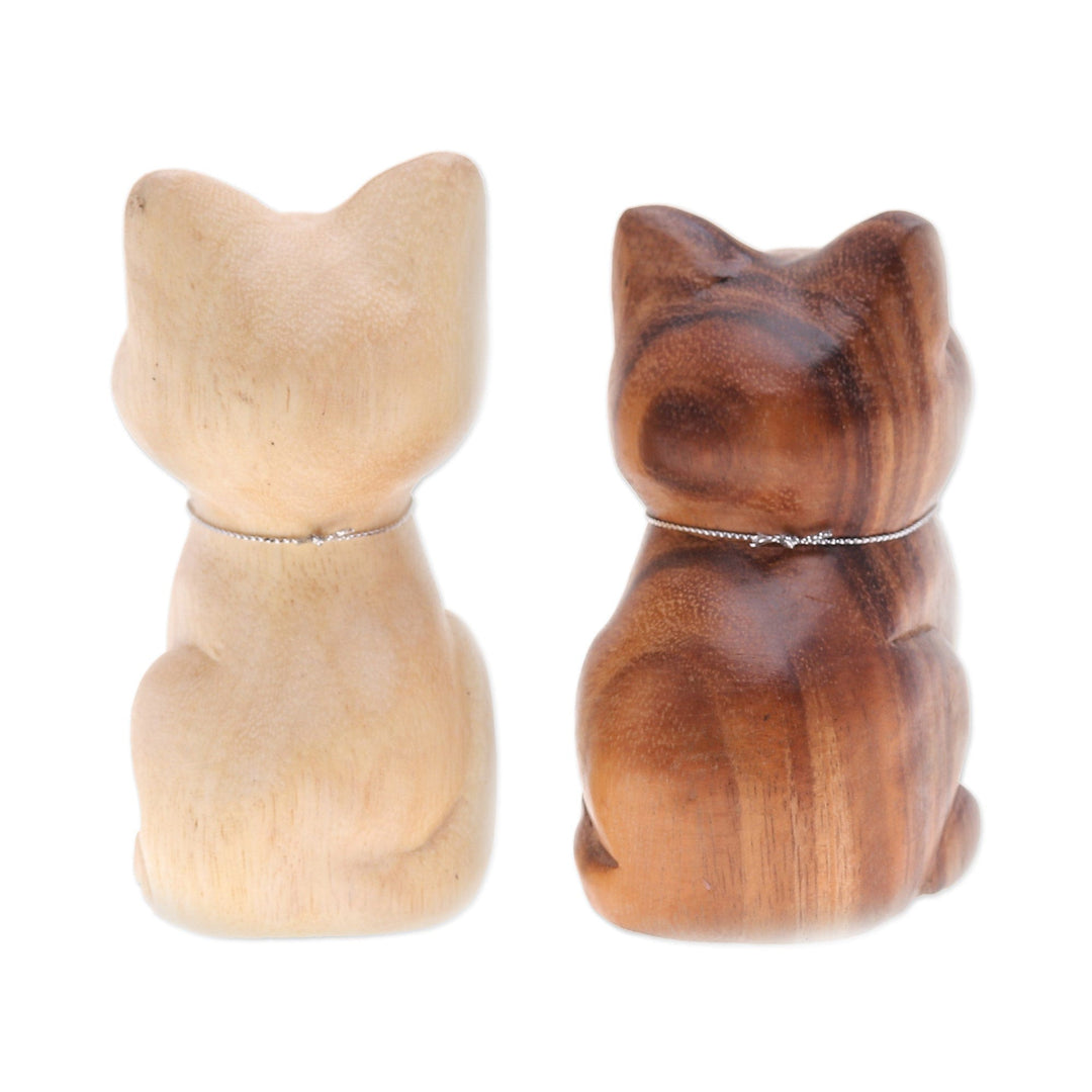 Set of 2 Feline Raintree Wood Figurines with Aluminum Bells - Harmonious Meows