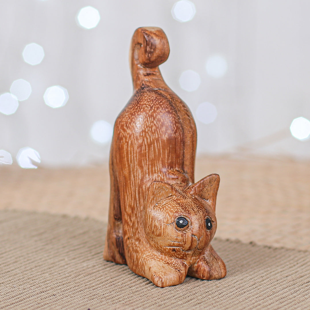 Hand-Carved Raintree Wood Stretching Cat Figurine - Feline Relaxation
