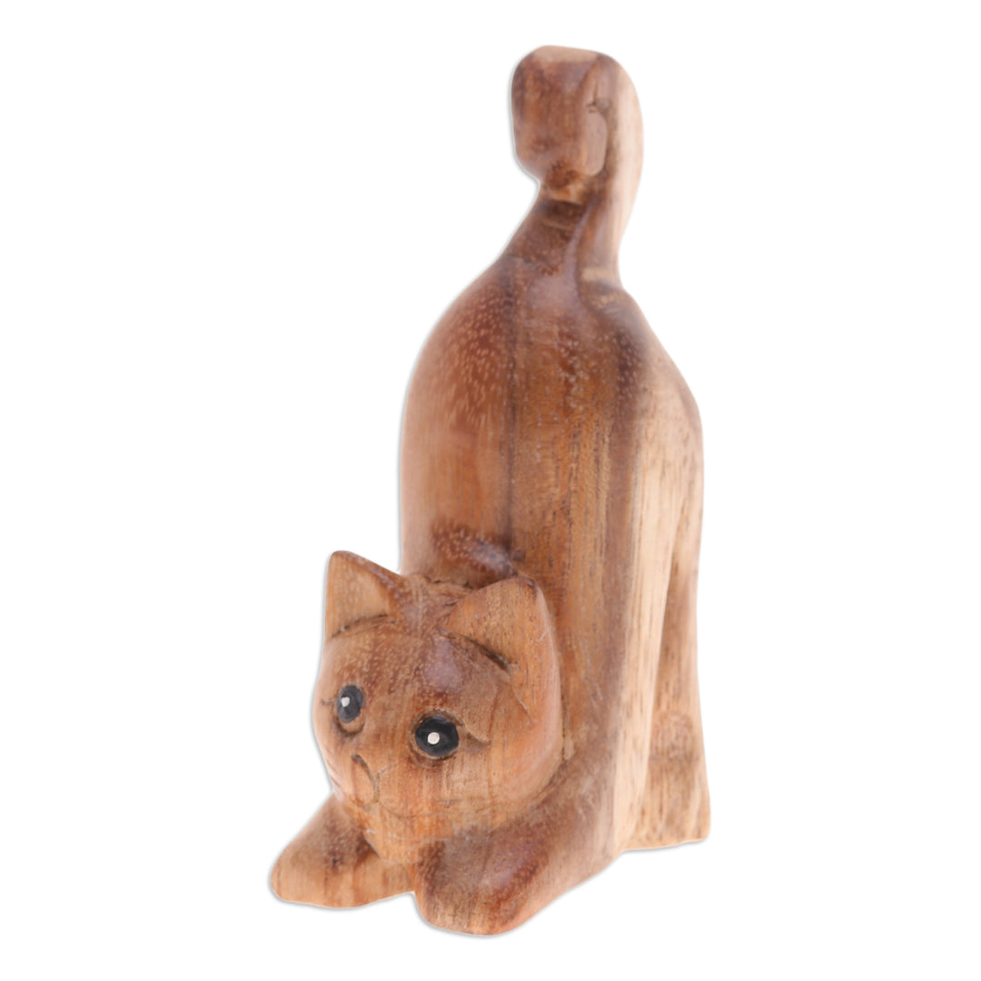 Hand-Carved Raintree Wood Stretching Cat Figurine - Feline Relaxation