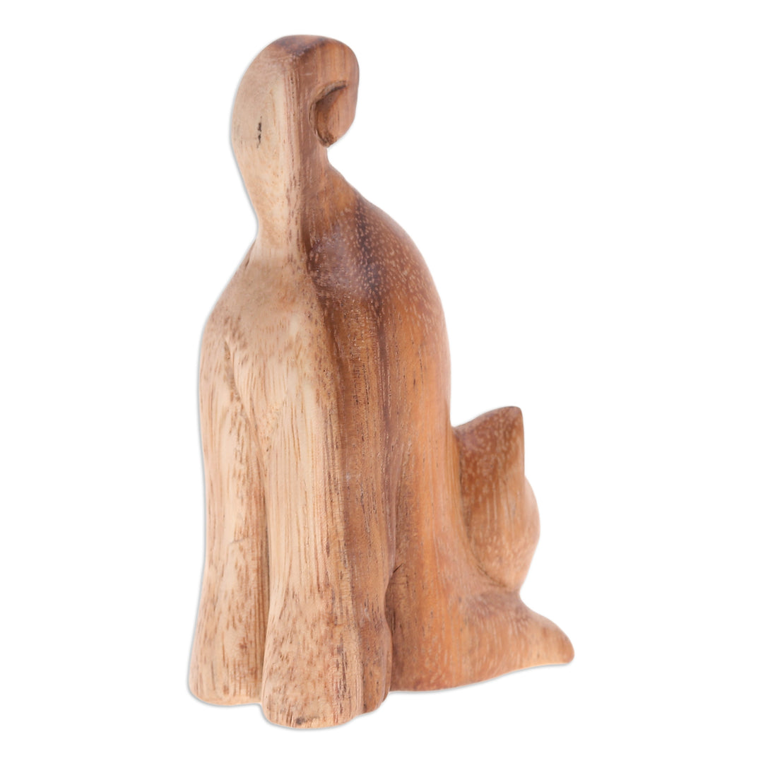 Hand-Carved Raintree Wood Stretching Cat Figurine - Feline Relaxation