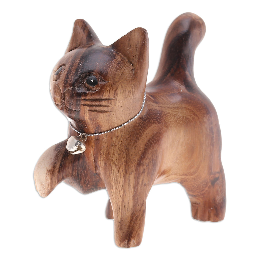 Hand-Carved Raintree Wood Happy Cat Figurine with Bell - Melodic Steps