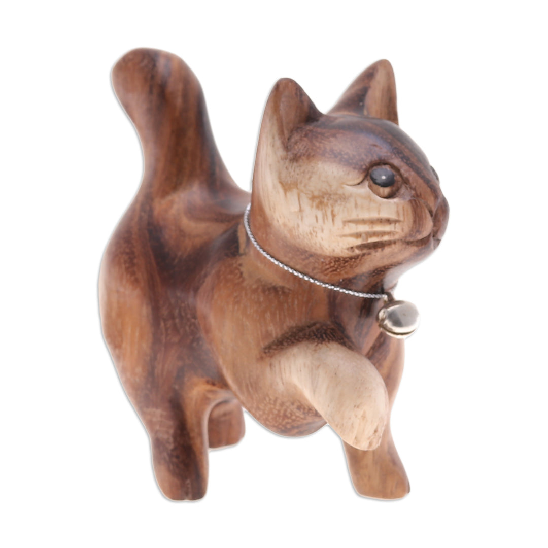 Hand-Carved Raintree Wood Happy Cat Figurine with Bell - Melodic Steps
