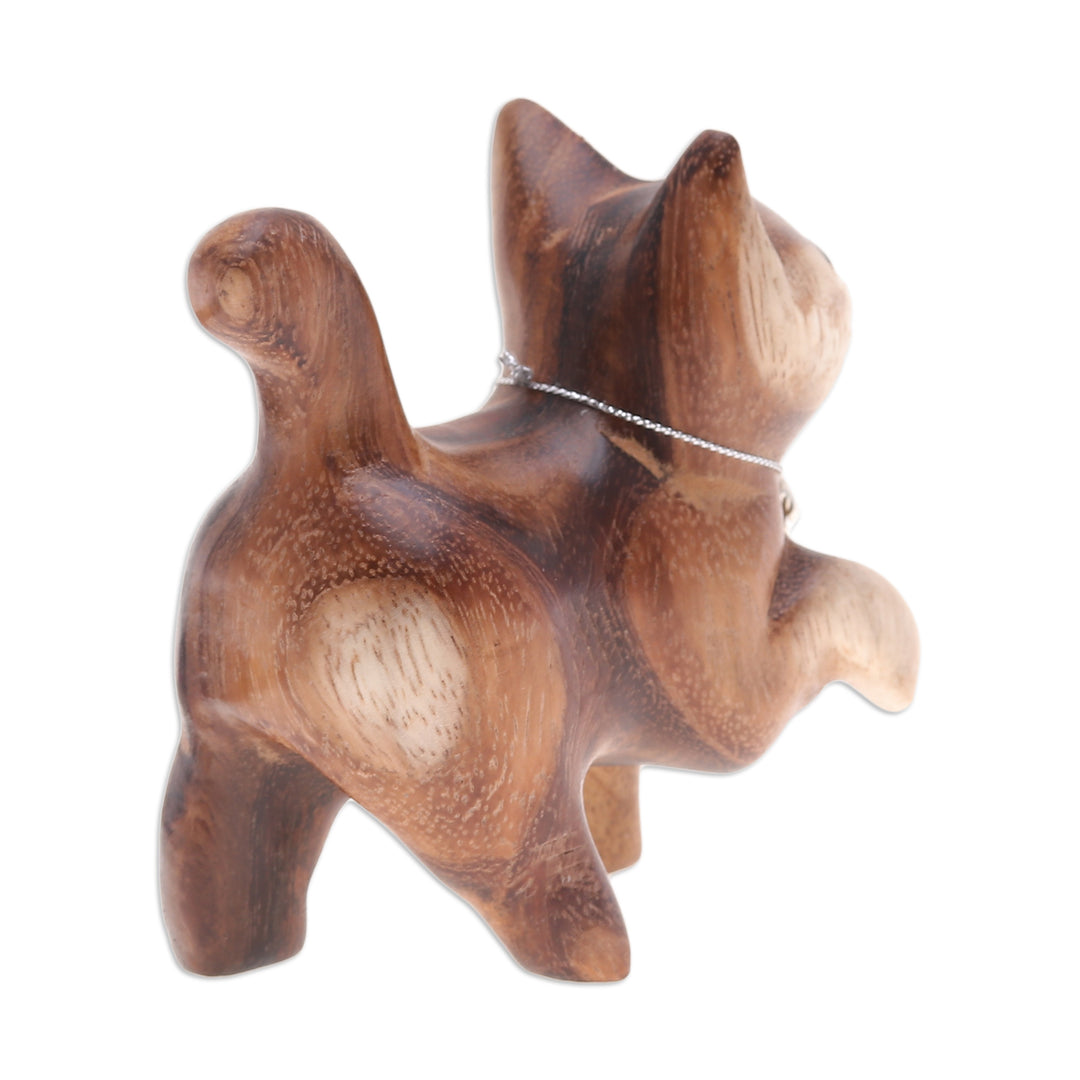 Hand-Carved Raintree Wood Happy Cat Figurine with Bell - Melodic Steps