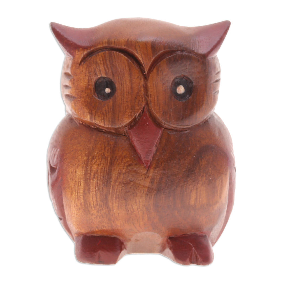 Hand-Carved Raintree Wood Owl Figurine from Thailand - Wise Glance