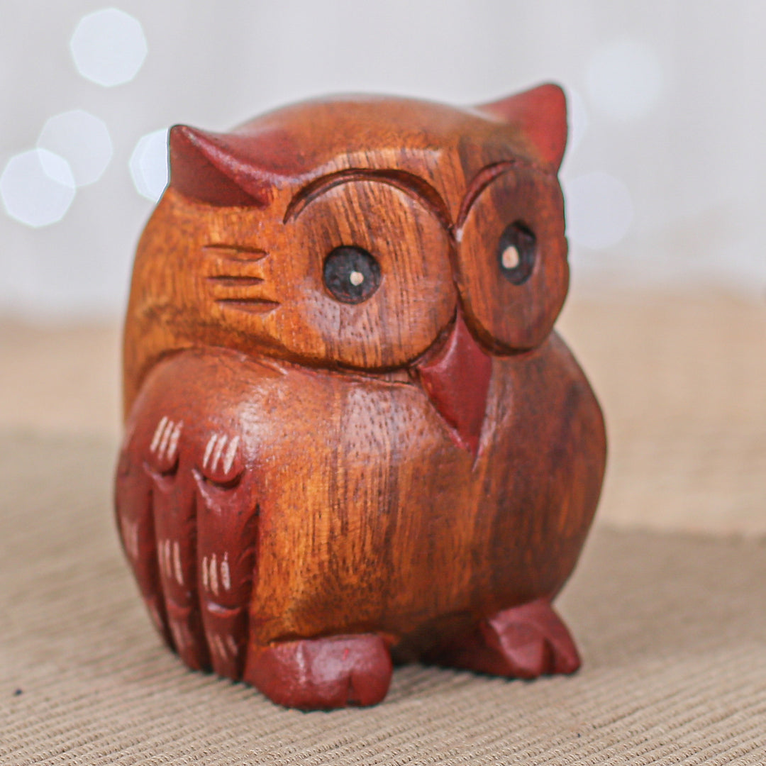 Hand-Carved Raintree Wood Owl Figurine from Thailand - Wise Glance