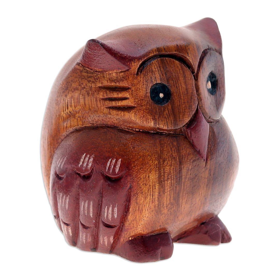 Hand-Carved Raintree Wood Owl Figurine from Thailand - Wise Glance