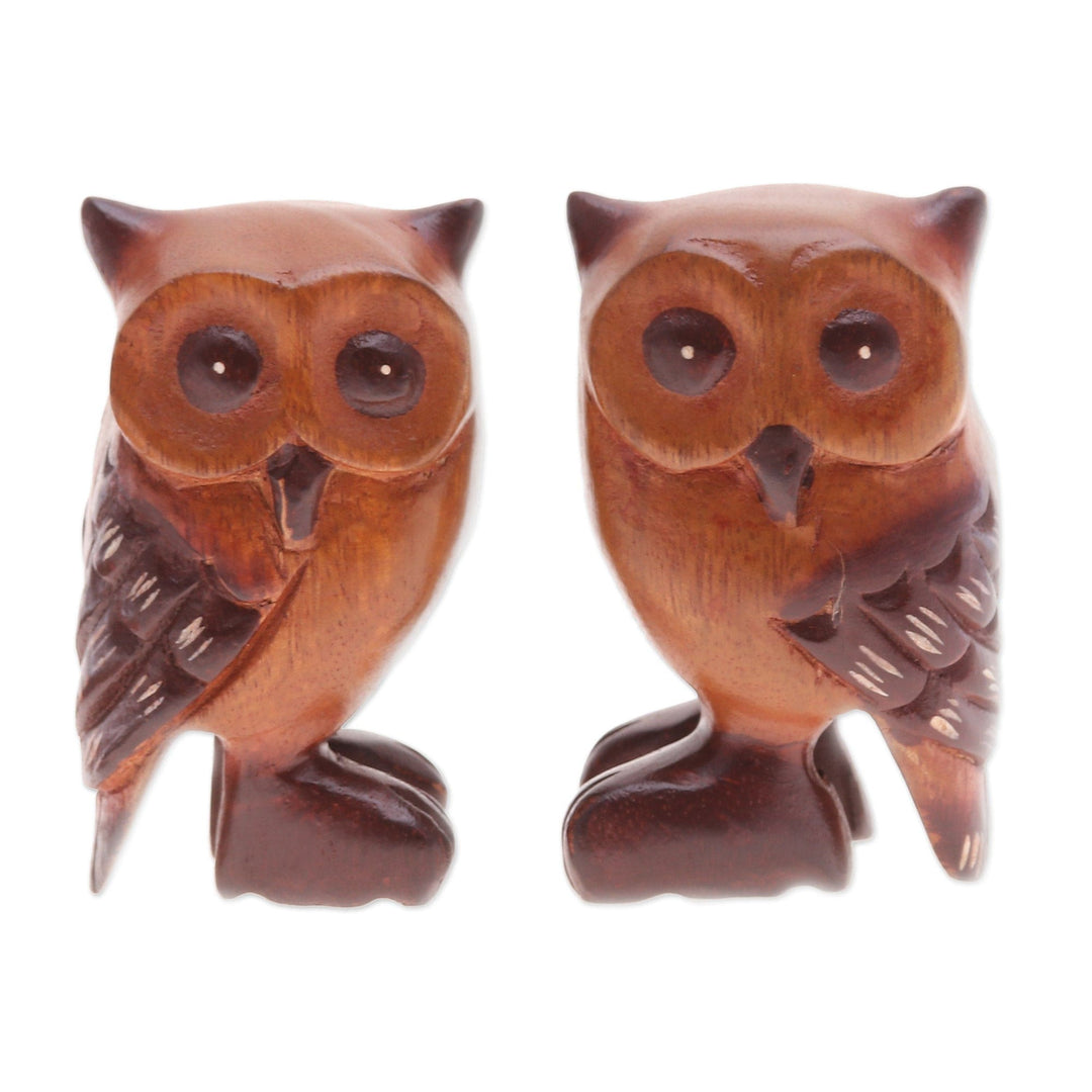 Set of Two Han-Carved Raintree Wood Owl Figurines - Twin Wisdom