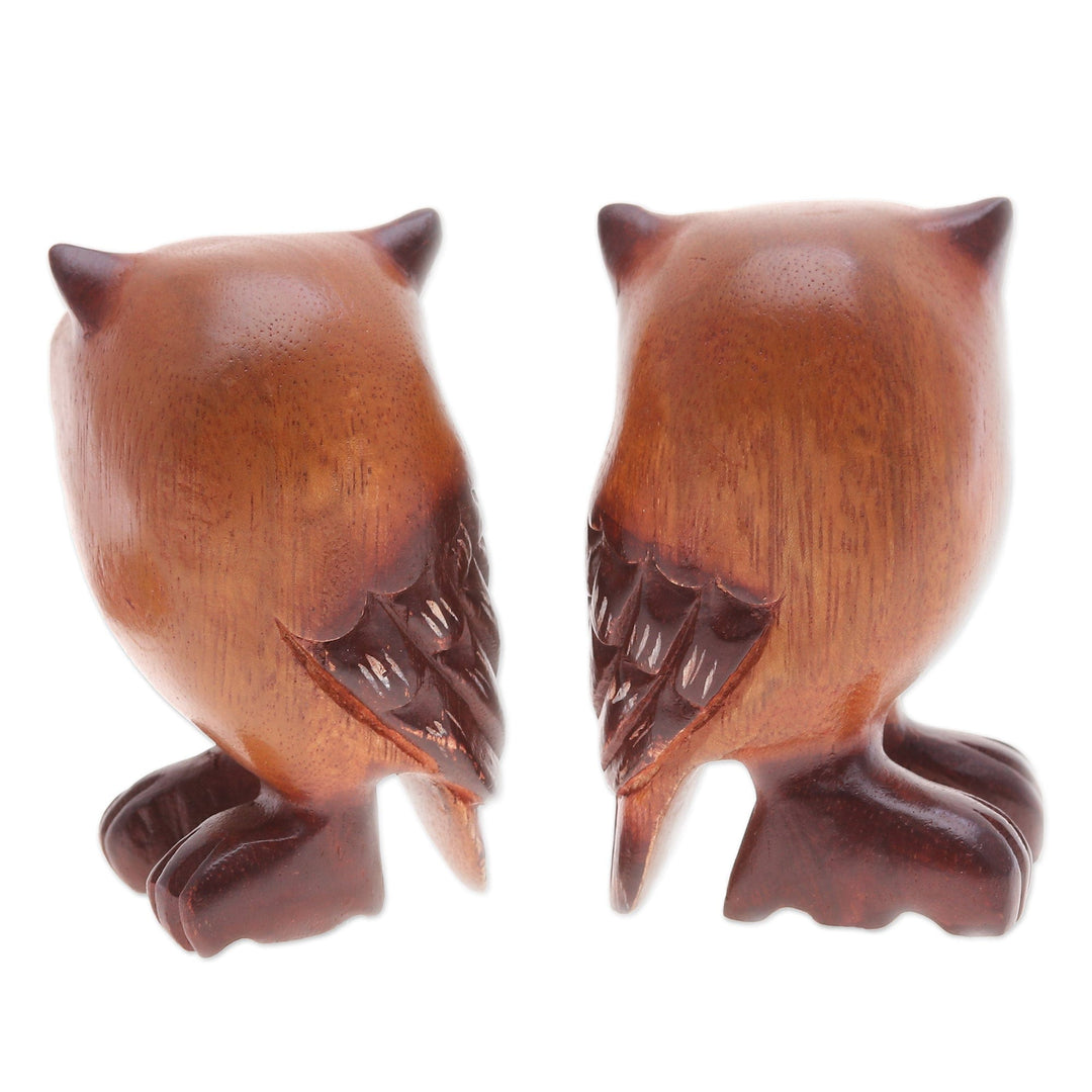 Set of Two Han-Carved Raintree Wood Owl Figurines - Twin Wisdom