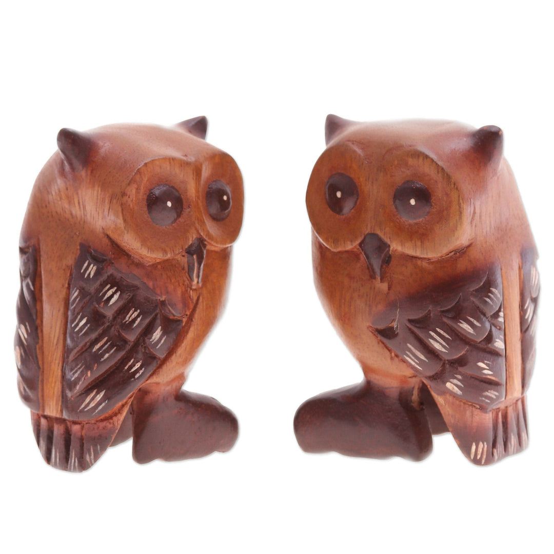 Set of Two Han-Carved Raintree Wood Owl Figurines - Twin Wisdom