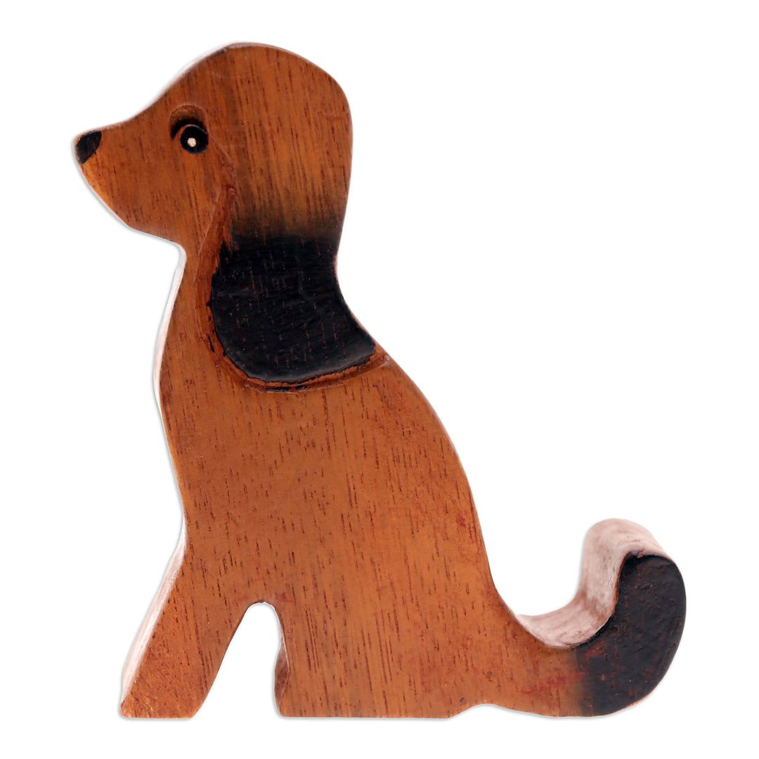 Hand-Carved Brown and Black Dog Raintree Wood Phone Holder - Canine Assistant