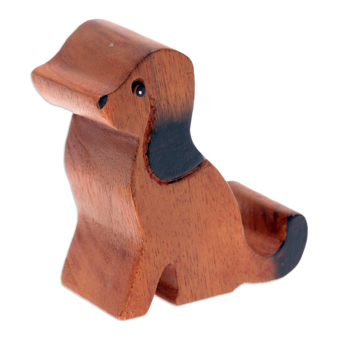 Hand-Carved Brown and Black Dog Raintree Wood Phone Holder - Canine Assistant