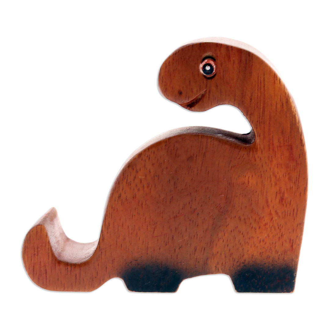 Hand-Carved Brown and Black Dino Raintree Wood Phone Holder - Dino Assistant