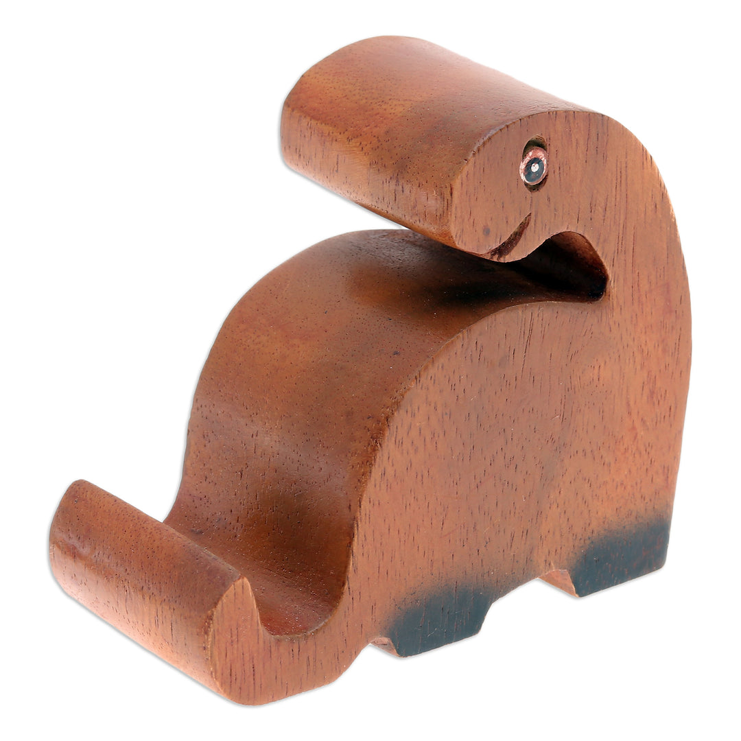 Hand-Carved Brown and Black Dino Raintree Wood Phone Holder - Dino Assistant