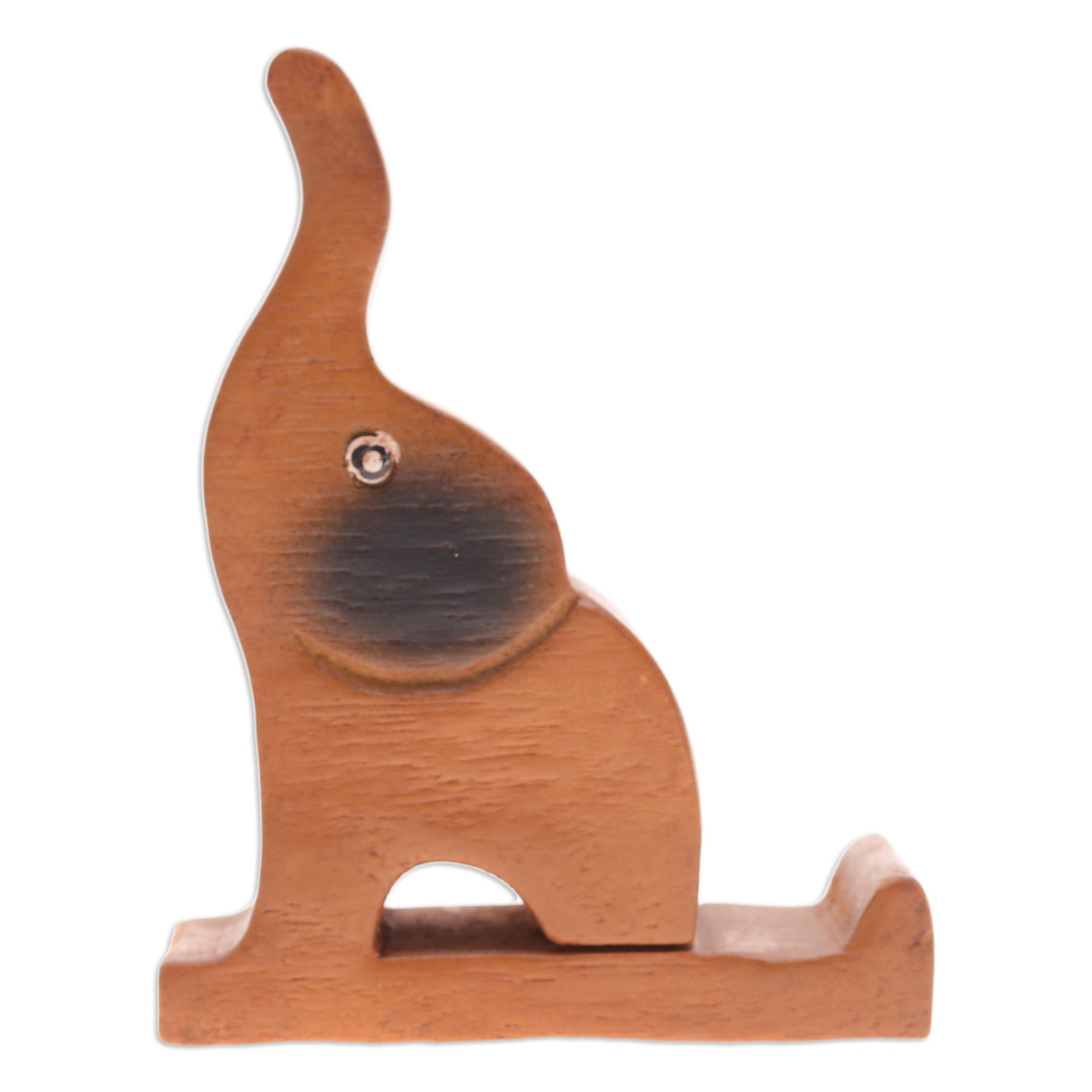 Hand-Carved Happy Elephant Raintree Wood Phone Holder - Giant Assistant