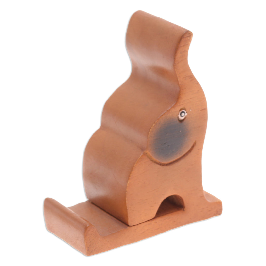 Hand-Carved Happy Elephant Raintree Wood Phone Holder - Giant Assistant