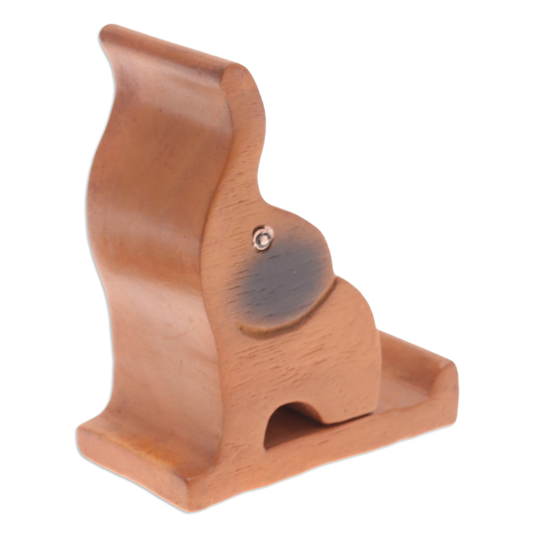 Hand-Carved Happy Elephant Raintree Wood Phone Holder - Giant Assistant