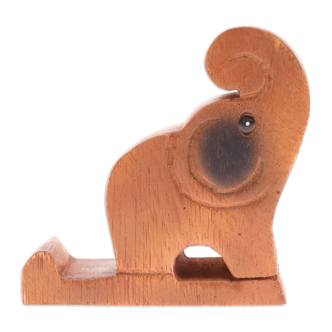 Hand-Carved Brown Elephant Raintree Wood Phone Holder - Gentle Assistant