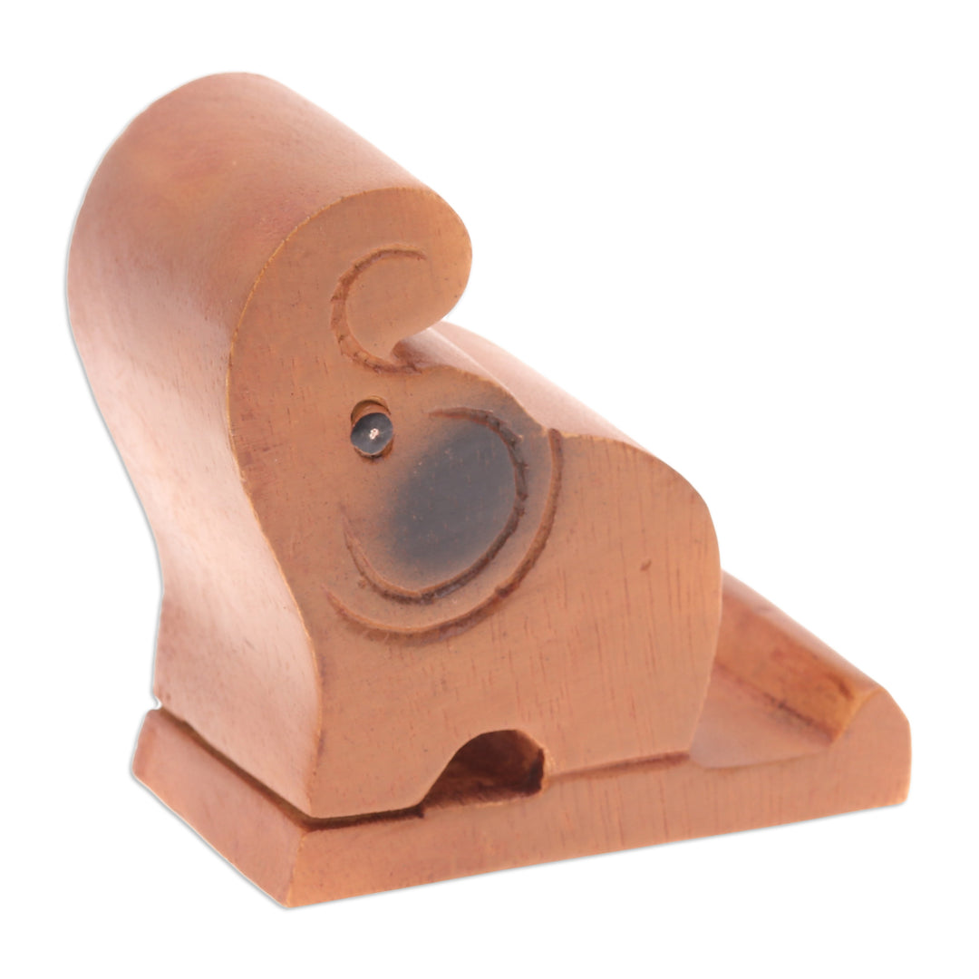 Hand-Carved Brown Elephant Raintree Wood Phone Holder - Gentle Assistant