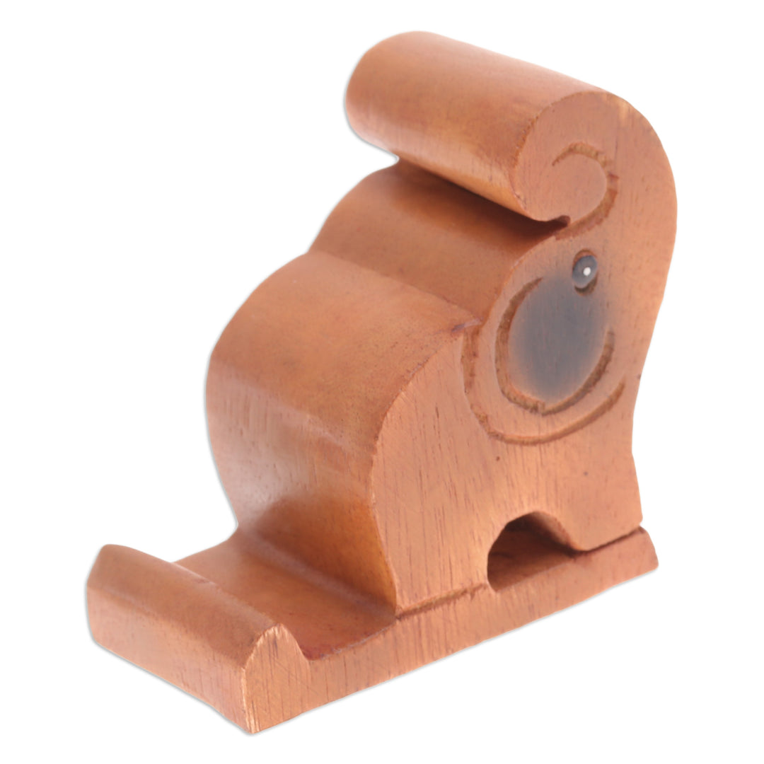 Hand-Carved Brown Elephant Raintree Wood Phone Holder - Gentle Assistant