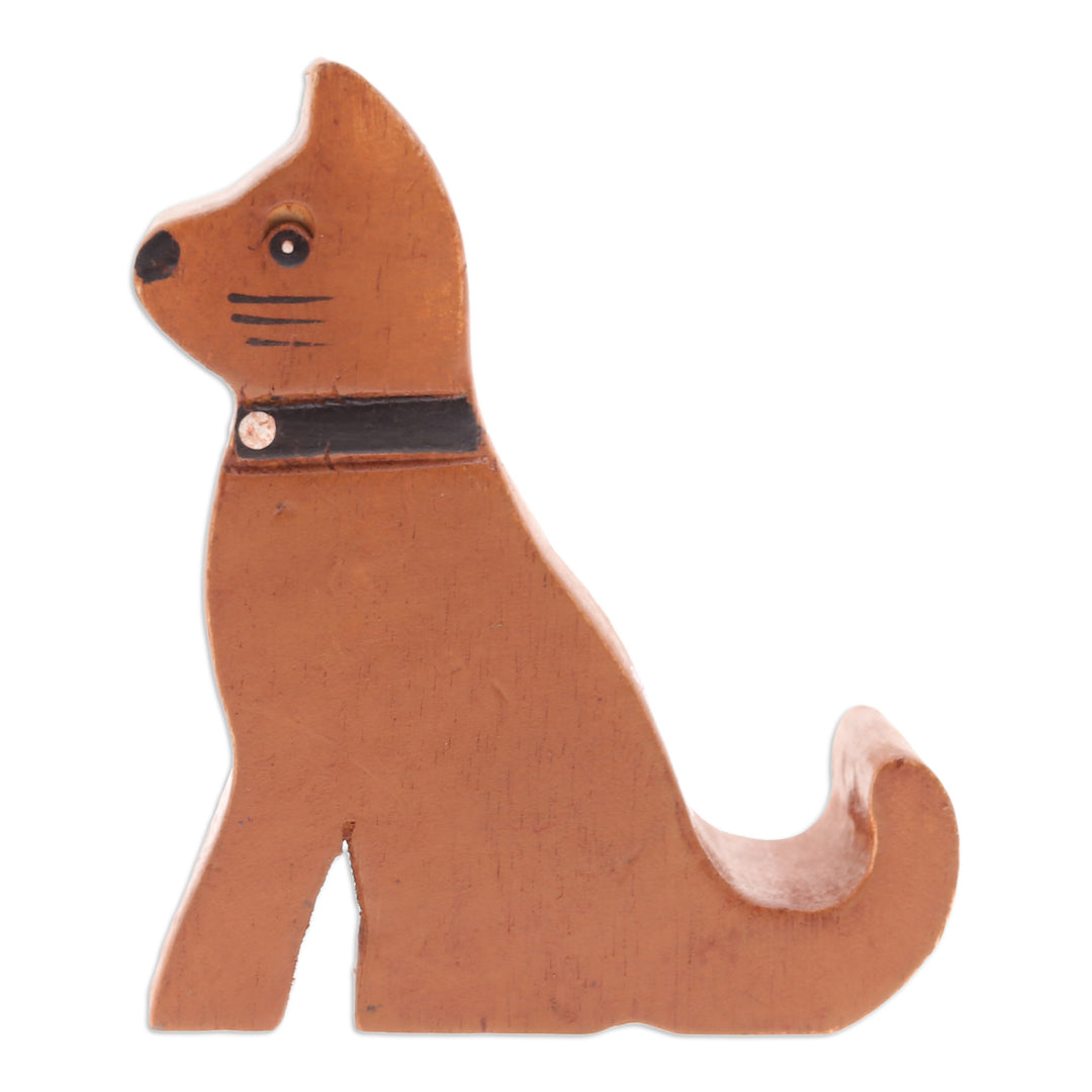 Hand-Carved Brown and Black Cat Raintree Wood Phone Holder - Feline Assistant