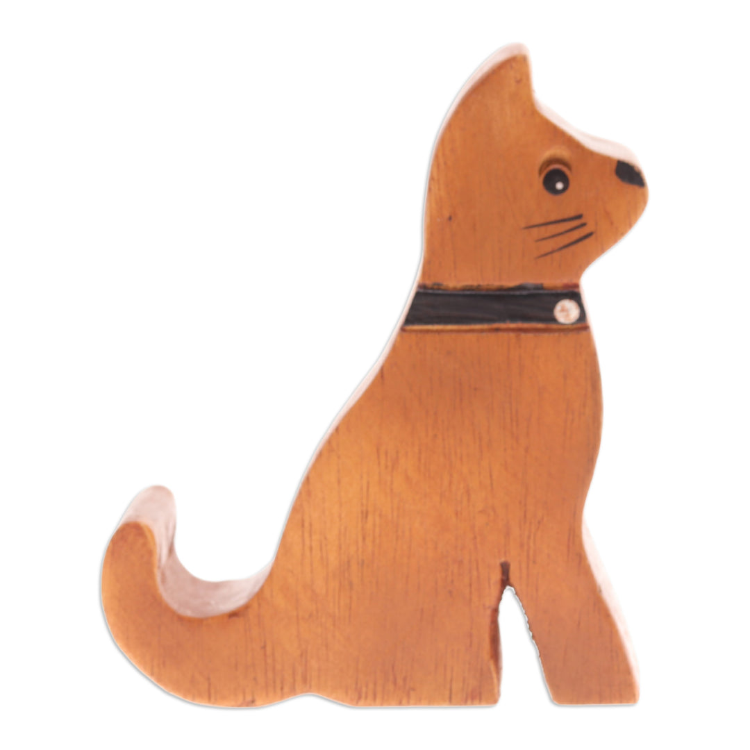 Hand-Carved Brown and Black Cat Raintree Wood Phone Holder - Feline Assistant