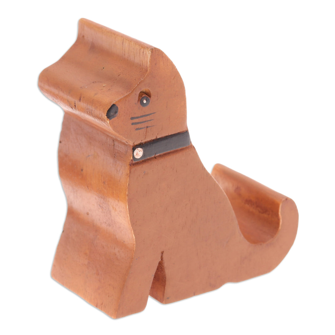 Hand-Carved Brown and Black Cat Raintree Wood Phone Holder - Feline Assistant