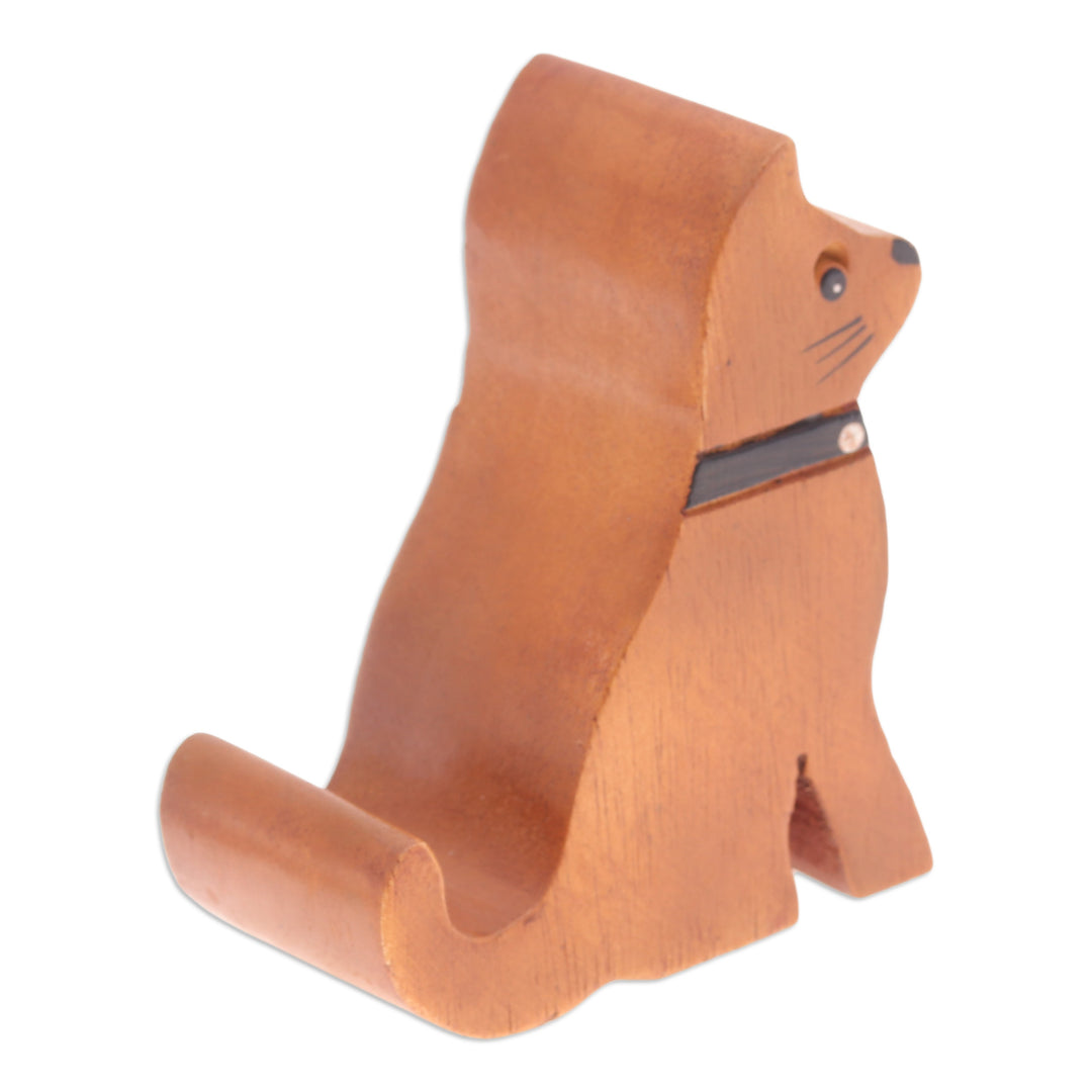 Hand-Carved Brown and Black Cat Raintree Wood Phone Holder - Feline Assistant
