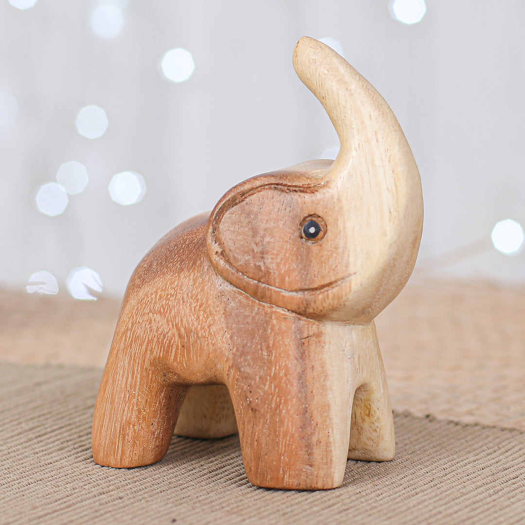 Hand-Carved Baby Elephant Raintree Wood Figurine - Plump Joy
