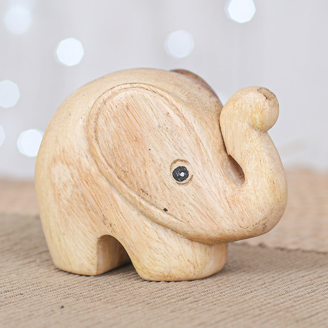 Handmade Natural Brown Baby Elephant Raintree Wood Figurine - Tiny Kindness