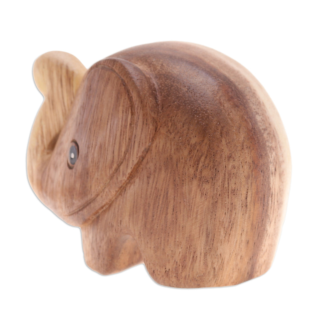 Handmade Natural Brown Baby Elephant Raintree Wood Figurine - Tiny Kindness