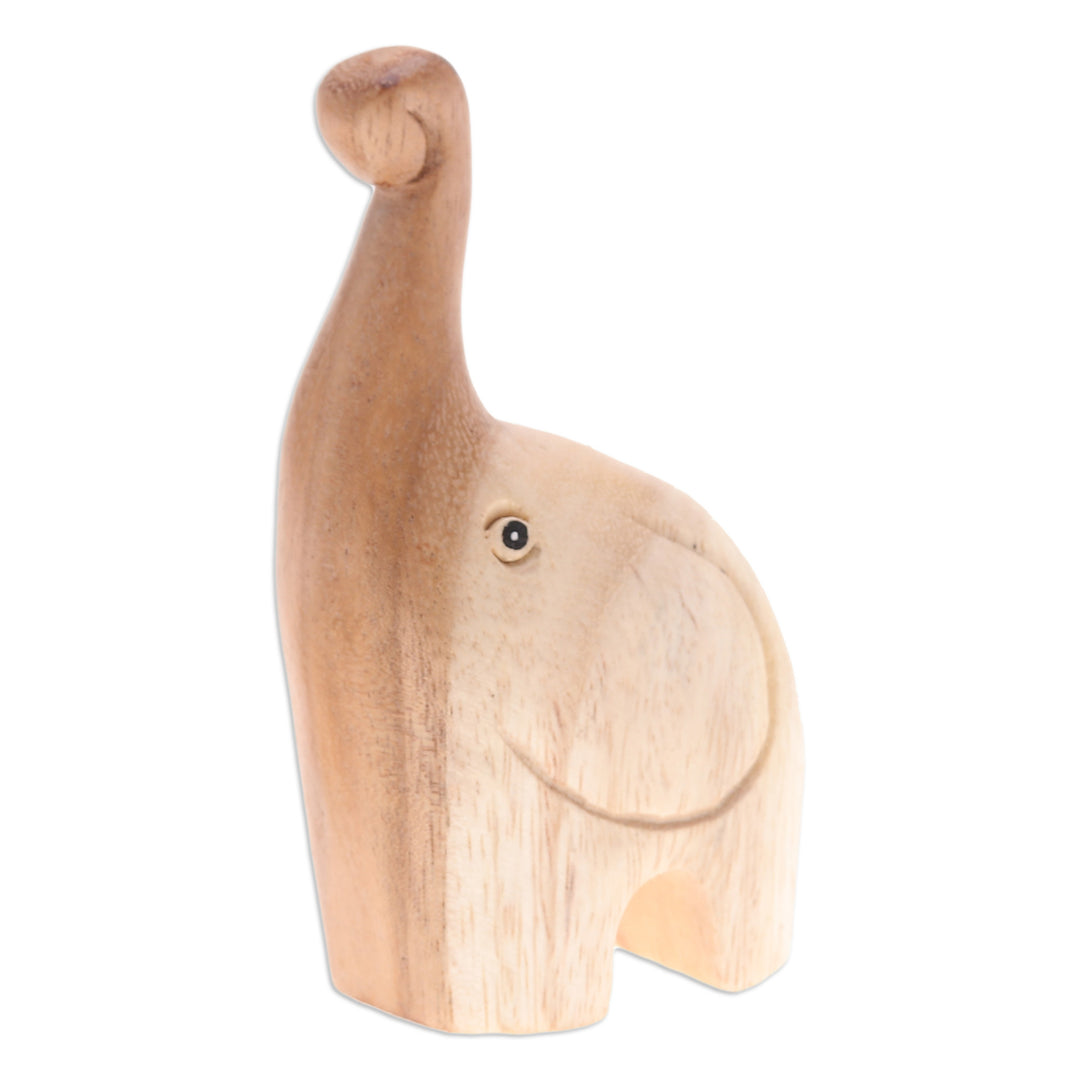 Handmade Happy Baby Elephant Raintree Wood Figurine - Tiny Greeting