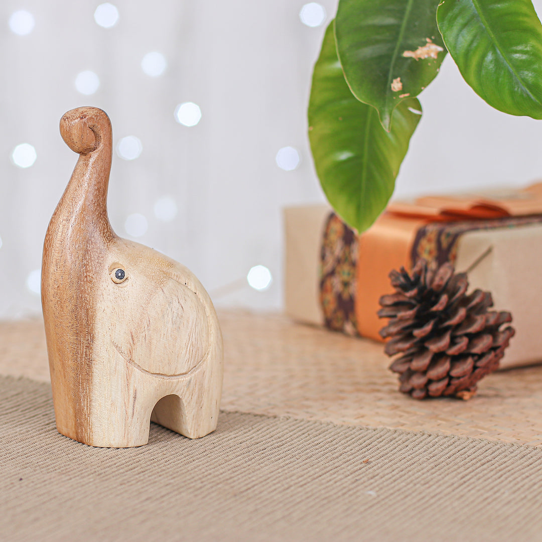 Handmade Happy Baby Elephant Raintree Wood Figurine - Tiny Greeting