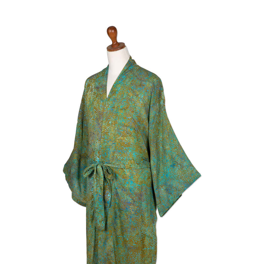 Men's Patterned Batik Rayon Robe in Green Turquoise & Brown - Greenery