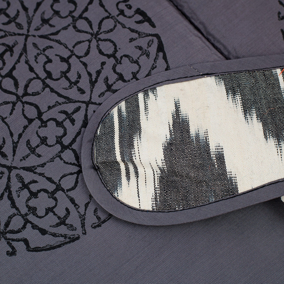 Grey and White Ikat Silk Blend Bag and Sleep Mask Travel Set - Exciting Journeys