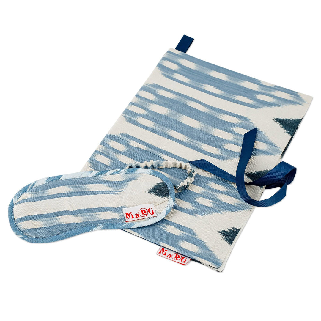 Blue and White Ikat Silk Blend Bag and Sleep Mask Travel Set - Delightful Voyages