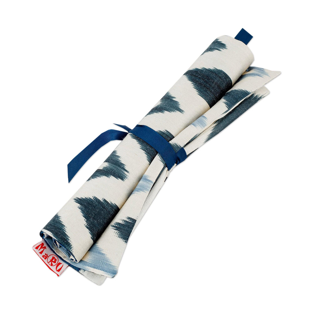 Blue and White Ikat Silk Blend Bag and Sleep Mask Travel Set - Delightful Voyages
