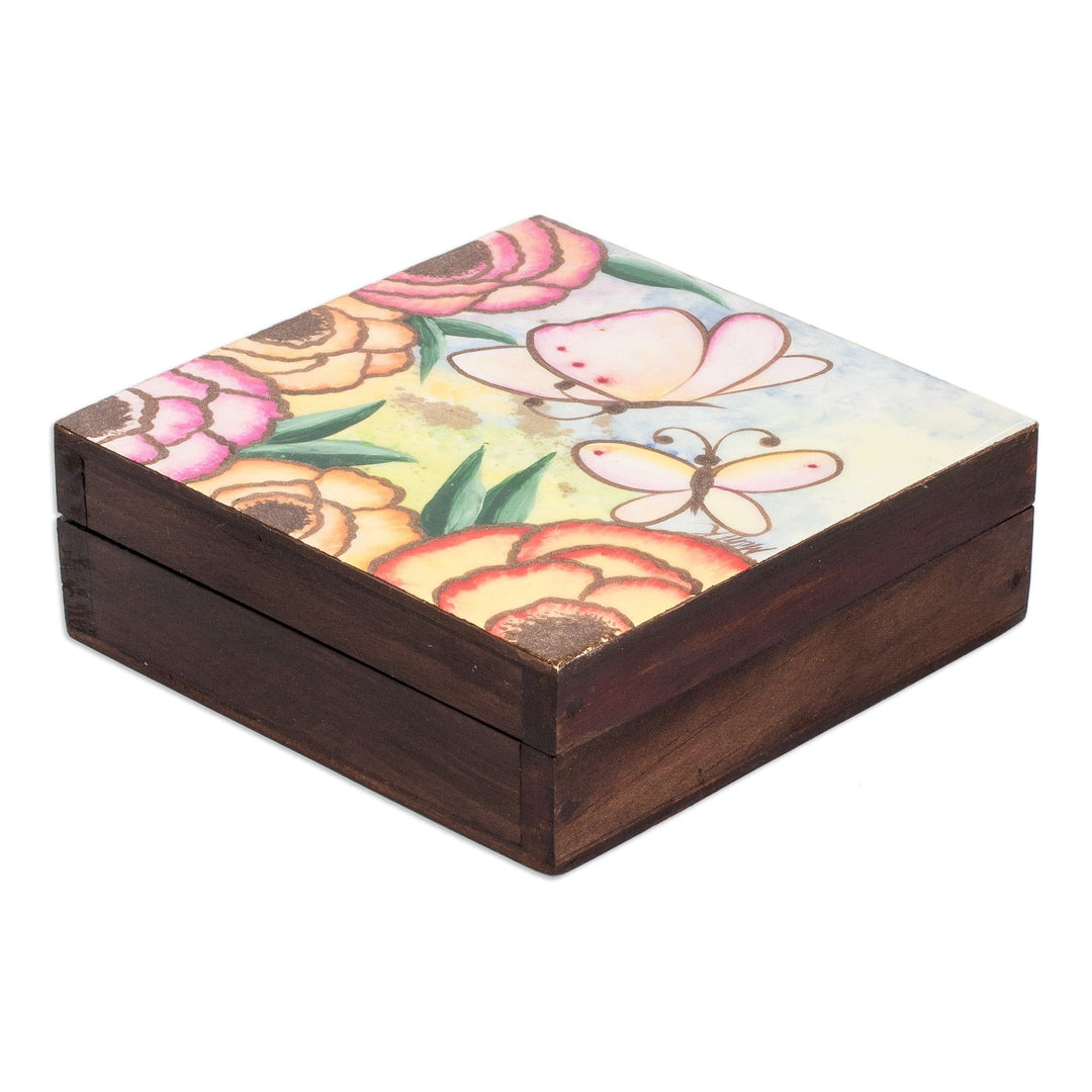 Hand-Painted Butterfly-Themed Pinewood Jewelry Box - Spring Butterflies