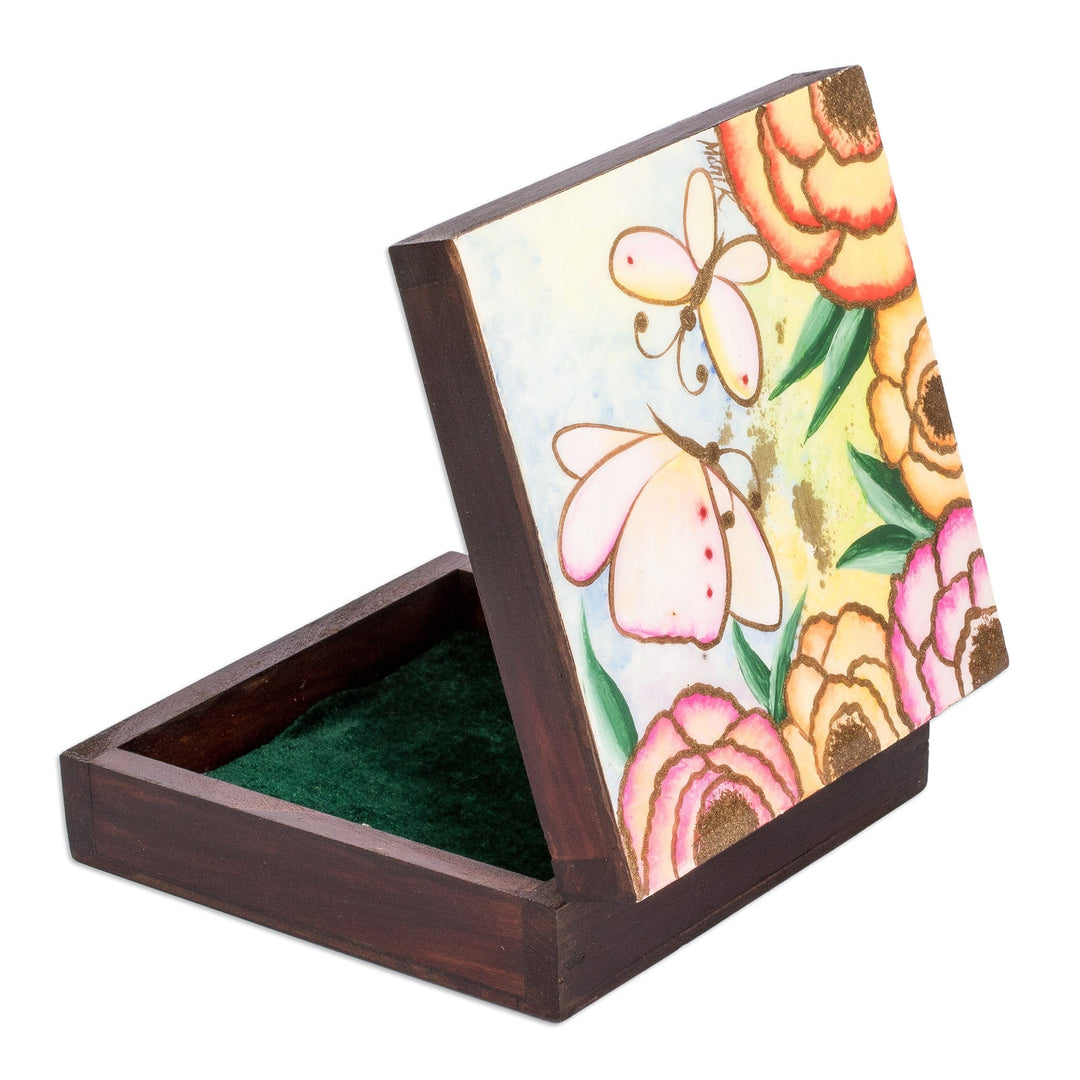 Hand-Painted Butterfly-Themed Pinewood Jewelry Box - Spring Butterflies