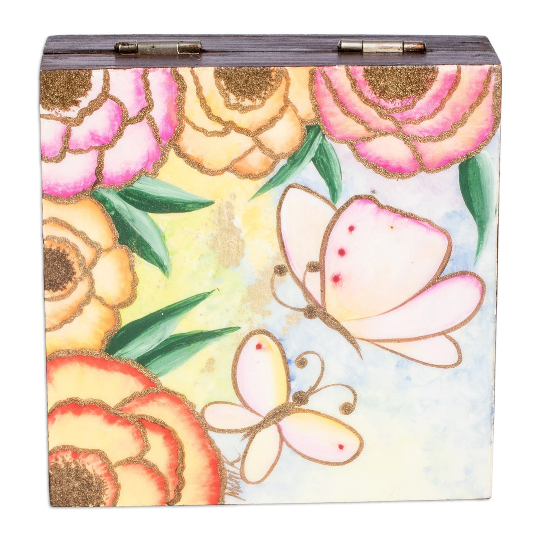 Hand-Painted Butterfly-Themed Pinewood Jewelry Box - Spring Butterflies