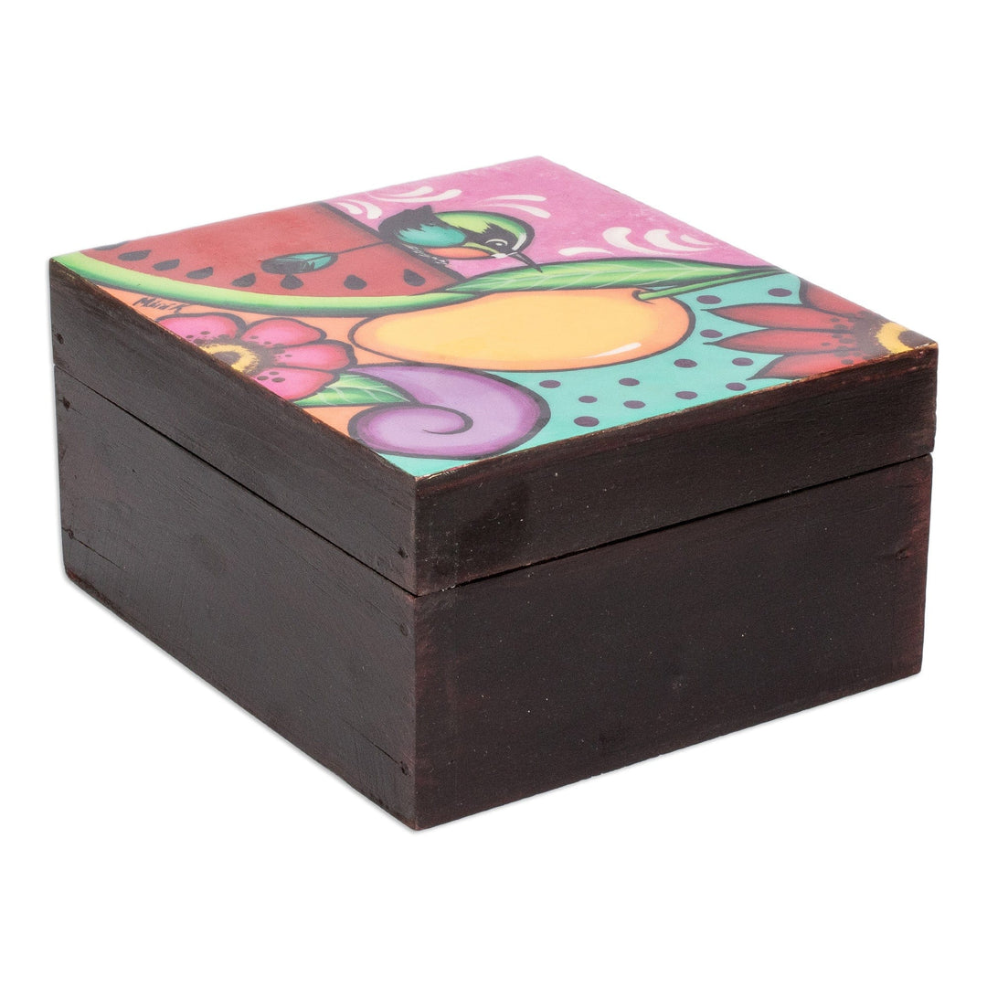 Hand-Painted Tropical-Themed Black Pinewood Tea Box - Tropical Richness