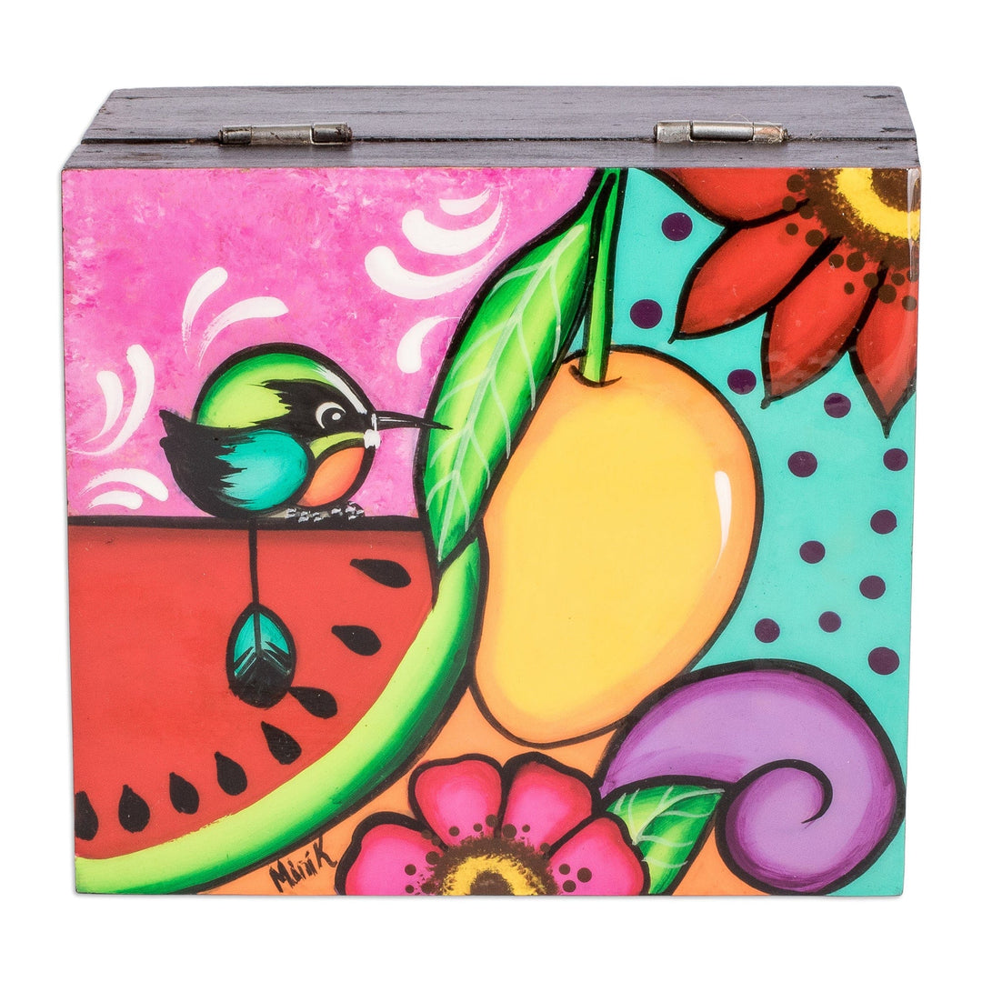 Hand-Painted Tropical-Themed Black Pinewood Tea Box - Tropical Richness