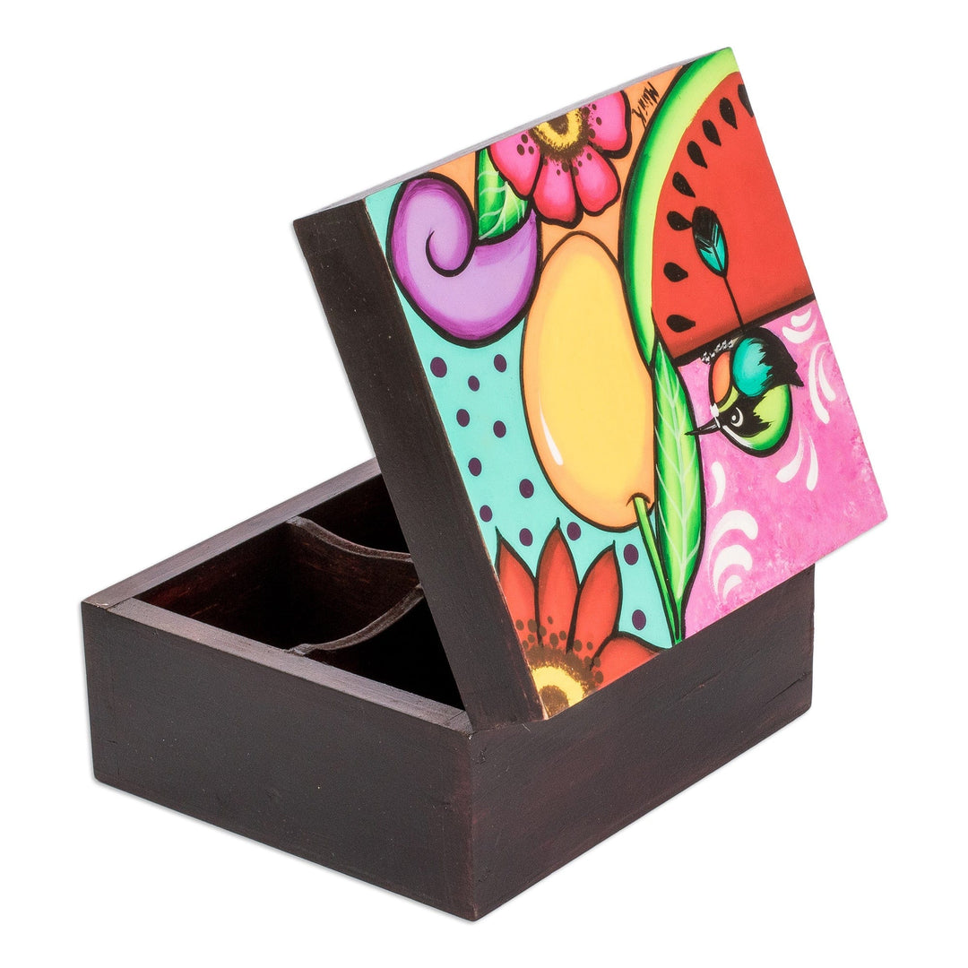 Hand-Painted Tropical-Themed Black Pinewood Tea Box - Tropical Richness