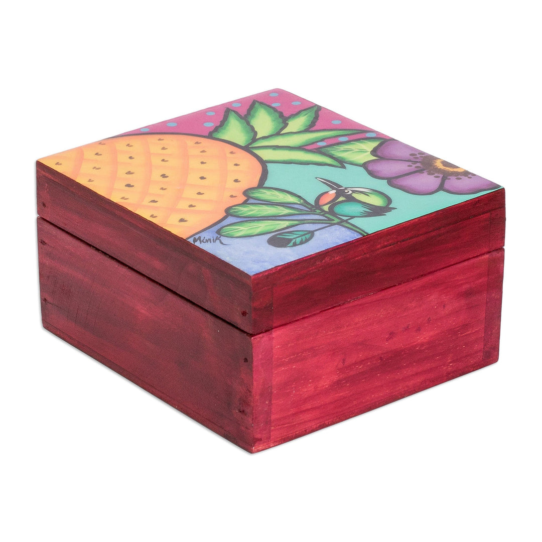 Hand-Painted Tropical-Themed Red Pinewood Tea Box - Sweet Richness