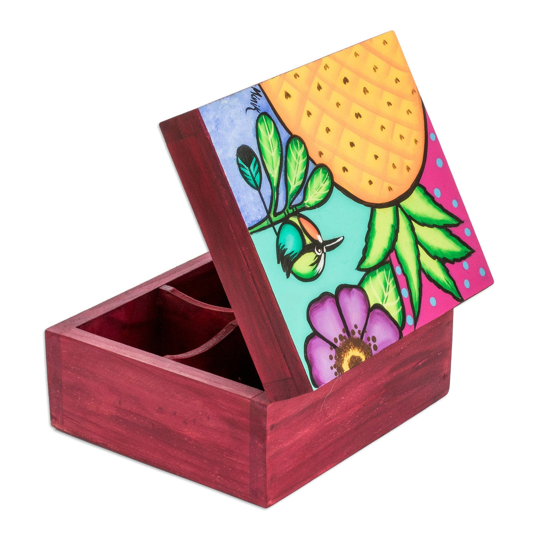 Hand-Painted Tropical-Themed Red Pinewood Tea Box - Sweet Richness