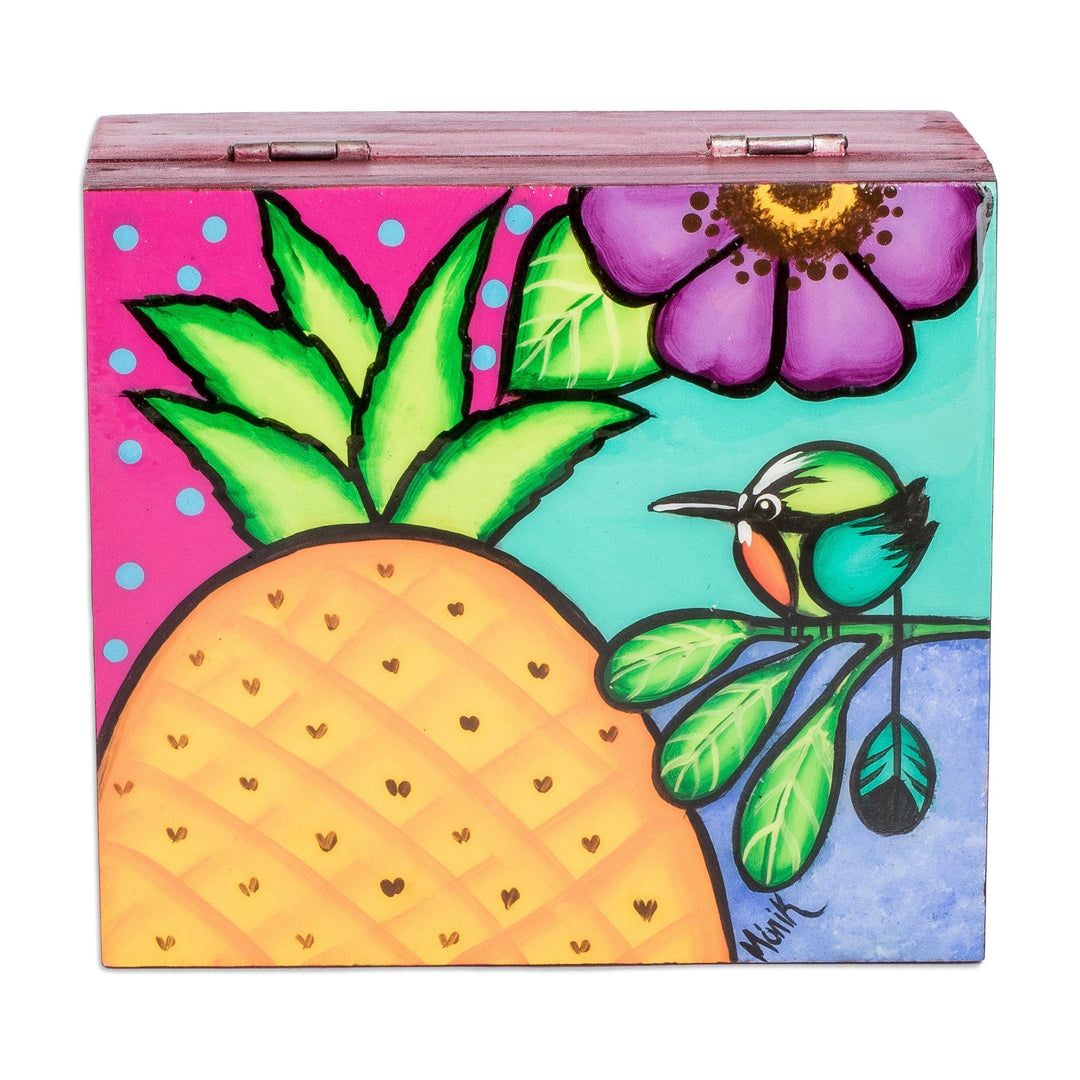 Hand-Painted Tropical-Themed Red Pinewood Tea Box - Sweet Richness